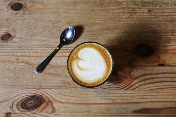 wood, desk, coffee, drink, breakfast, coffee cup, espresso, spoon