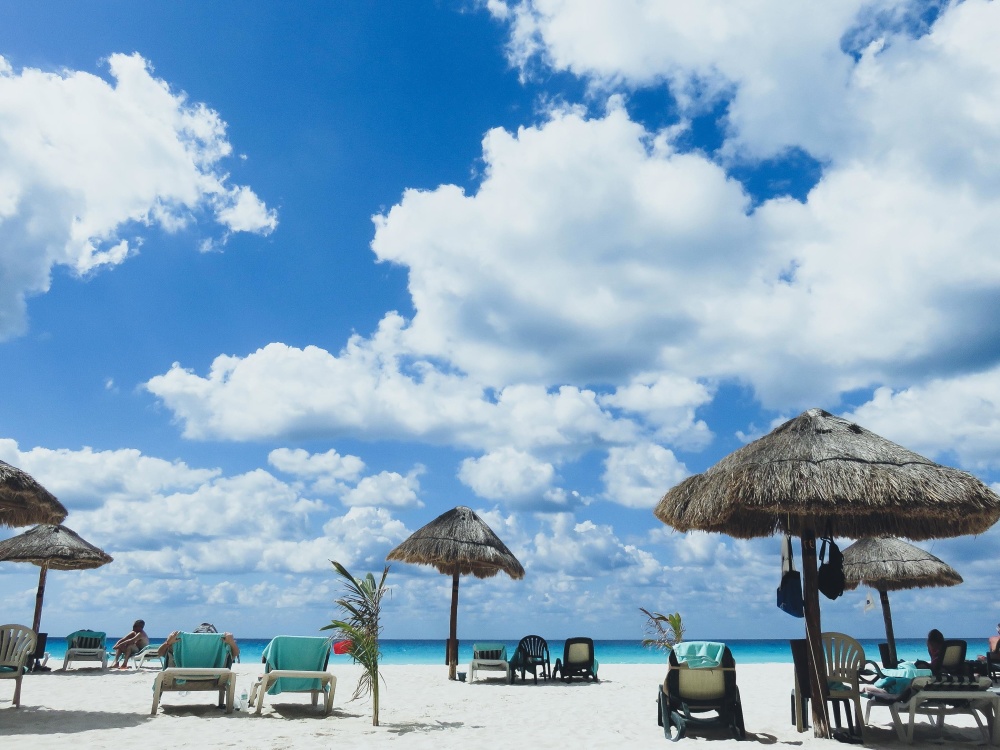 parasol, strand, water, zand, zon, exotisch, hemel, tropisch strand, zomer, toerisme