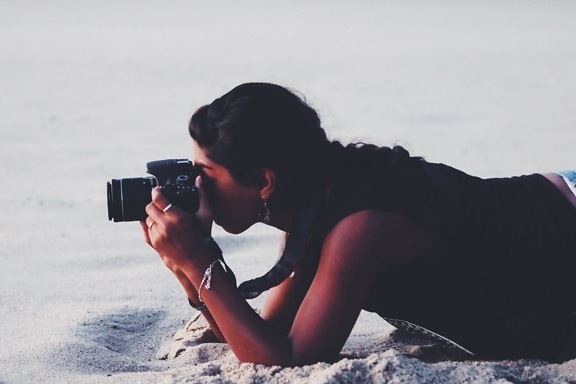 fotograf, jente, portrett, stranden, kvinne, pen jente, fotoapparat