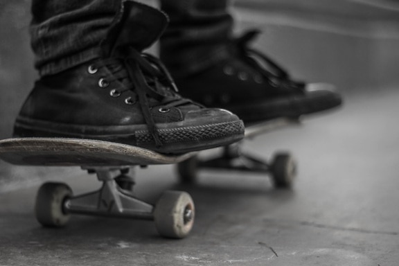 skate, footwear, shoe, monochrome, asphalt, leather, skateboard