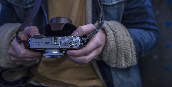 aparat fotograficzny, fotograf, ręką, palcem, retro, stary, urządzenie