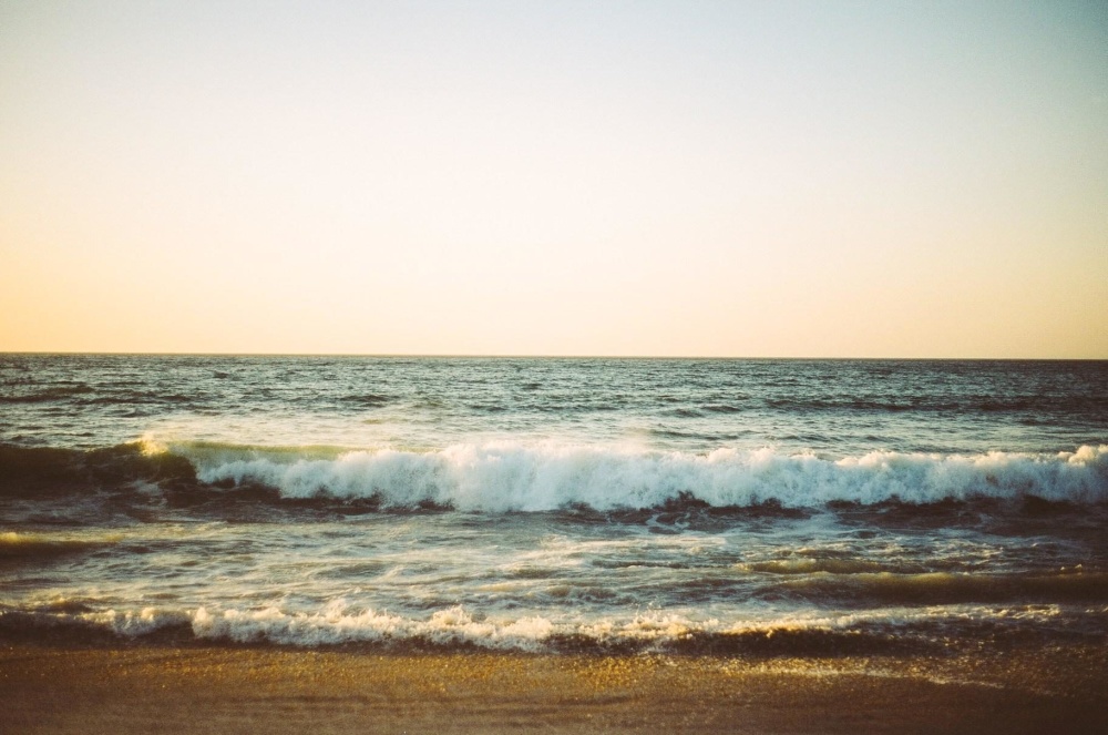 våg, vatten, hav, solnedgång, strand, ocean, marinmålning, kusten, sky
