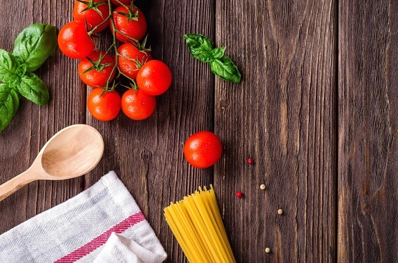 wooden, wood, food, table, rustic, spice, vegetable, nutrition, tomato, basil