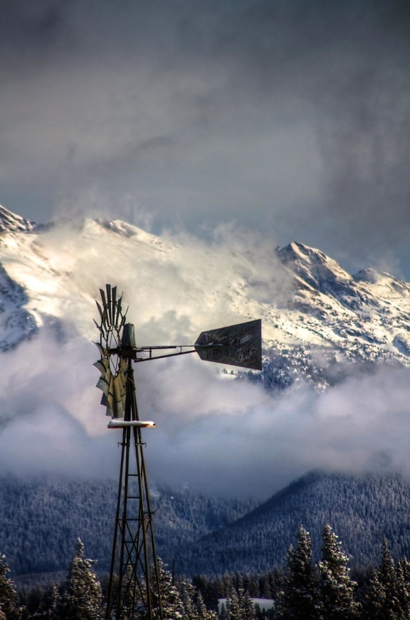 wind turbine, wind, wind turbine, snow, mountain, sky, winter, landscape, nature