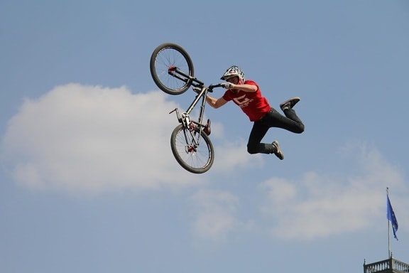 action, mountain bike, sky, jump, competition, wheel, people, sport, skill