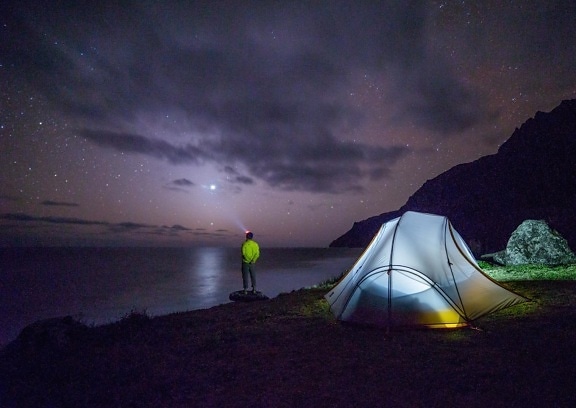 camping, sunset, tent, landscape, dawn, shelter, night, person, sky, light, dusk