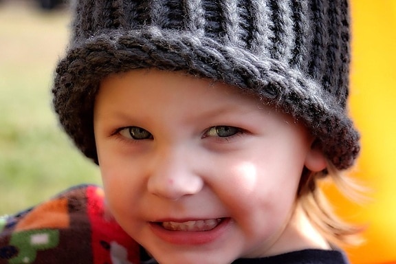 dieťa, roztomilý, klobúk, portrét, holka, radosť, úsmev, studenej, nevinnosť, šťastie