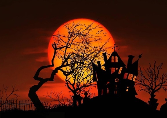 siluet, matahari terbenam, Halloween, bulan, photomontage, dawn, senja