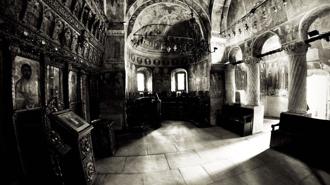 binnenshuis, Byzantijnse, orthodoxe, architectuur, home, boog, kerk, mensen, religie, monochroom