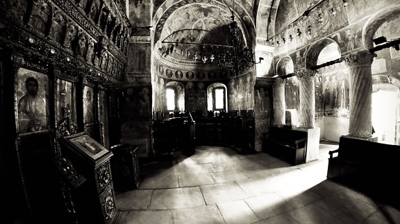 indoors, Byzantine, orthodox, architecture, home, arch, church, people, religion, monochrome