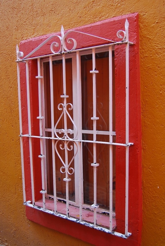 Casa di legno, finestra, ferro di architettura, rosso,