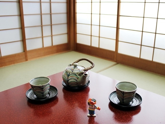 čaj, tabulka, pohár, místnost, čajník, dřevo