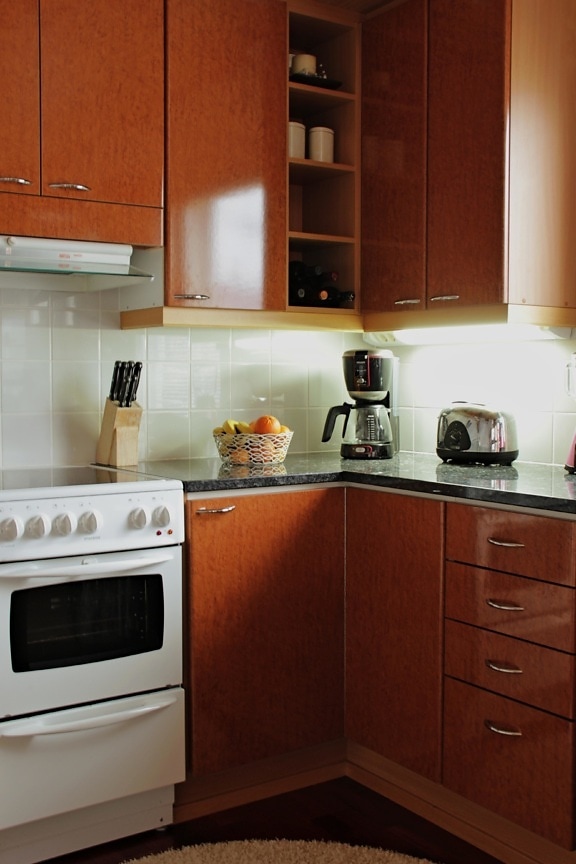 stove, shelf, kitchenware, refrigerator, oven, furniture, room, contemporary