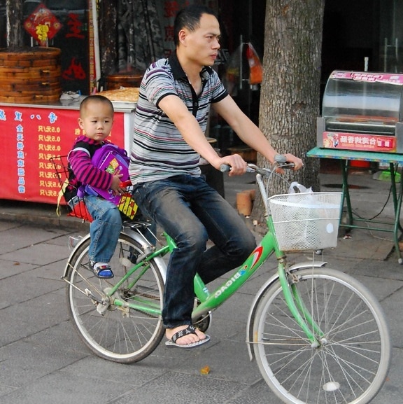 child, wheel, vehicle, people, street, cyclist, road, father, son, bicycle