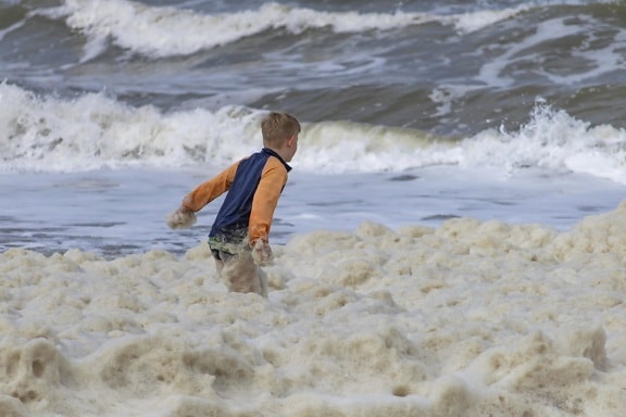 子供、少年、夏、水、ビーチ、海、海岸、海、砂、海岸