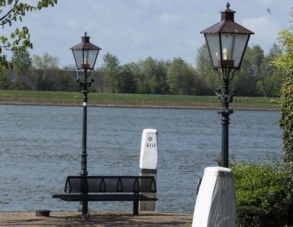 street lamp, park, bench, lantern, water