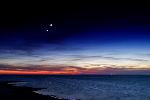 Sunset, hämärä, kuu, vesi, sky, dawn, sun, sunrise, ocean, beach