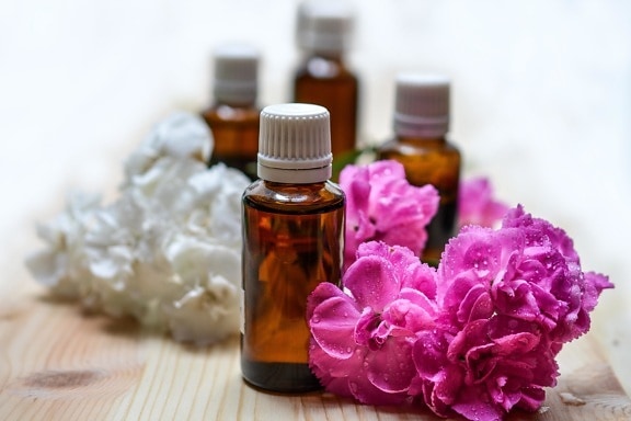 Aromatherapie, glas, bloem, fles, parfum, therapie, parfum