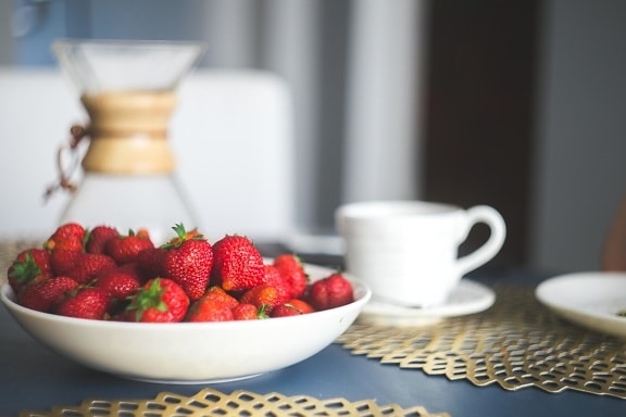 strawberry, breakfast, food, fruit, cup, beverage, coffee, drink