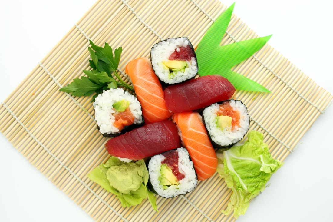 żywności, obiad, ryż, sushi, lunch, liść, łososia, posiłek, ryby, owoce morza