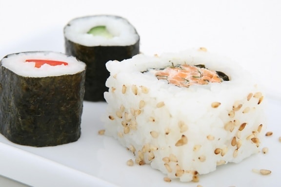 Sushi, riz, saumon, nourriture, poissons, fruits de mer, repas, vaisselle, Japon