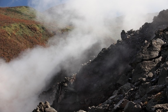 噴火、風景、水、煙、霧、霧、山