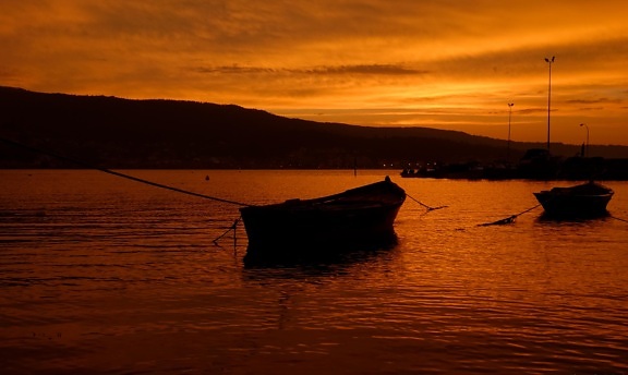 日没、水、漁師、夜明け、ボート、海、ビーチ、水上バイク、海