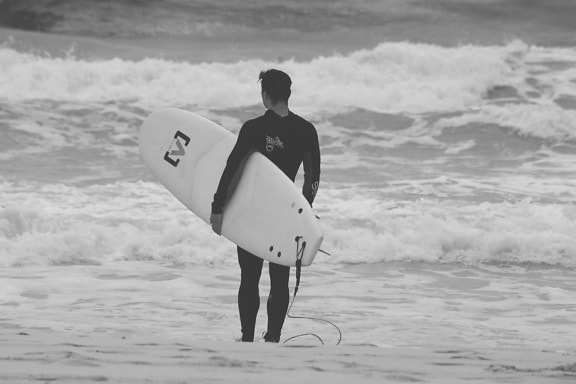 Playa, mar, océano, agua, monocromo, arena, hombre, persona que practica surf, arena