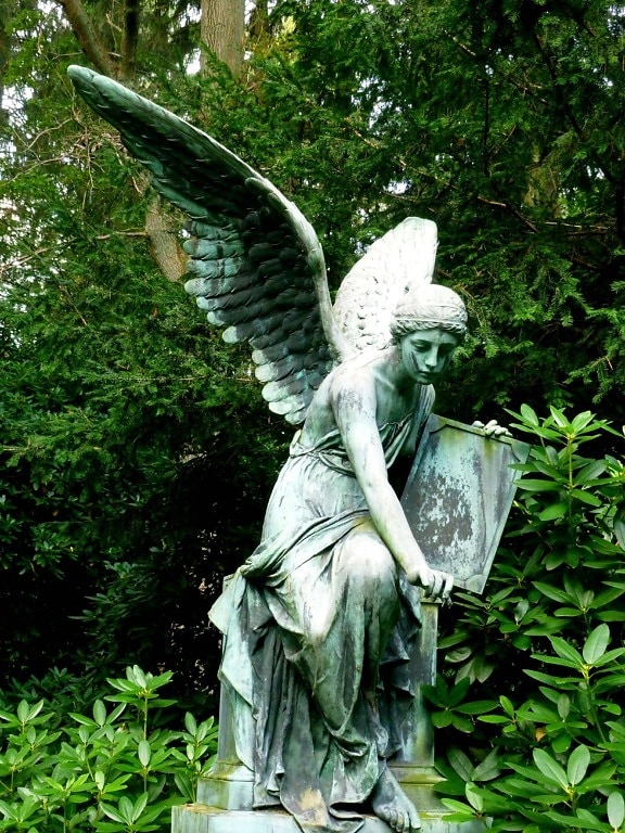 staty, skulptur, konst, ört, träd, växt, ängel, marmor, kyrkogård