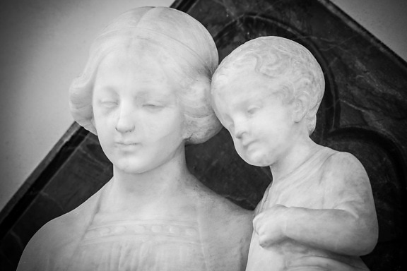 mother, son, stone, statue, sculpture, detail, marble, art, monochrome