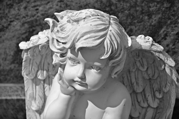 sculpture, child, angel, marble, statue, art, religion, monochrome