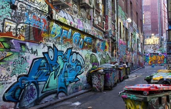 ilkivaltaa, graffiti, alley, vanha, katu, kaupunki, kaupunki ja alley, värikäs