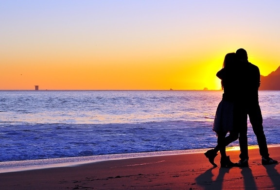naplemente, barátja, barátnője, romantika, strand, tenger, Hajnal, sun, óceán, víz, alkonyat, homok