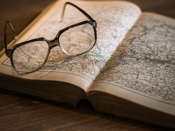 eyeglasses, literature, book, paper, page, education, map, old