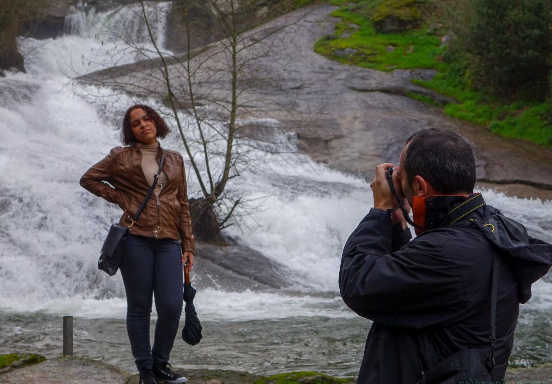 pessoas, posando, cachoeira, natureza, fotógrafo, paisagem, câmera fotográfica