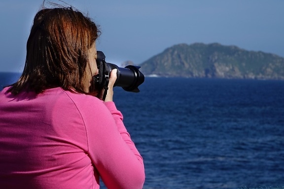 sea, woman, photographer, water, ocean, sky, landscape, beach, seashore, nature