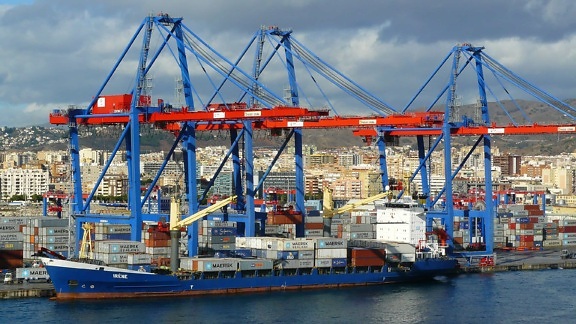 cargo ship, industry, urban, town, harbor, watercraft, ship, export, pier, port, shipment
