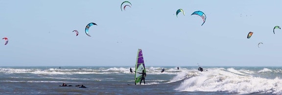 vítr, voda, sport, veselí, pláž, vln, dobrodružství
