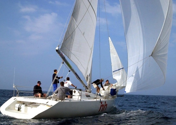 sailboat, yacht, sport, race, people, team, watercraft, sail, vehicle, water, boat