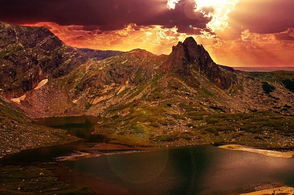 montagna, lago, sole, tramonto, paesaggio, Parco nazionale, cielo, natura, Valle