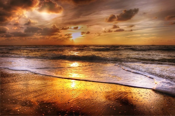 solopgang, sollys, cloud, kyst, sol, vand, dusk, dawn, stranden, havet, ocean, seascape