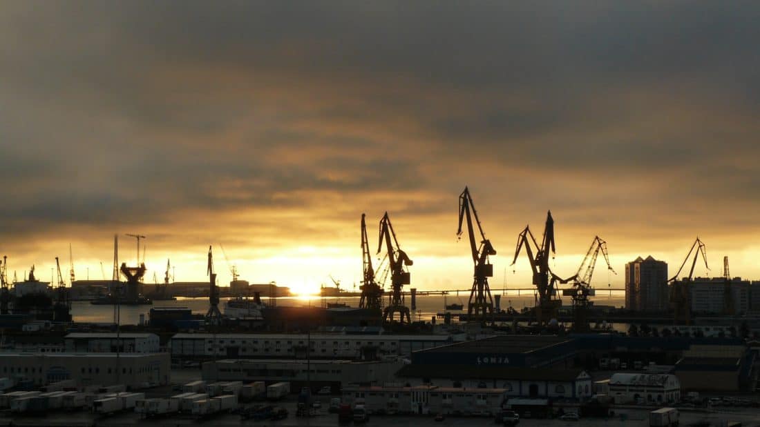 matahari terbit, sinar matahari, fajar, air, sky, kota, industri, crane, port