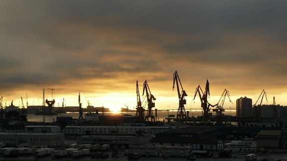 sunrise, sunlight, dawn, water, sky, city, industry, crane, port