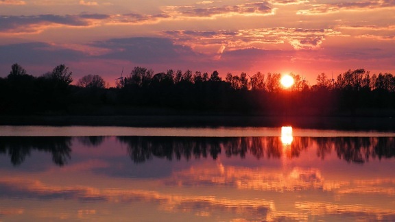 日の出は、国立公園、ミスト、夜明け、水、反射、湖、夕暮れ時、太陽、空