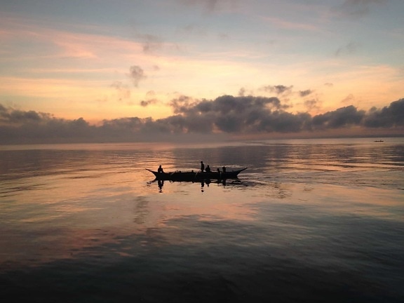water, sunrise, boat, silhouette, dawn, beach, dusk, sea, ocean, sky, sun