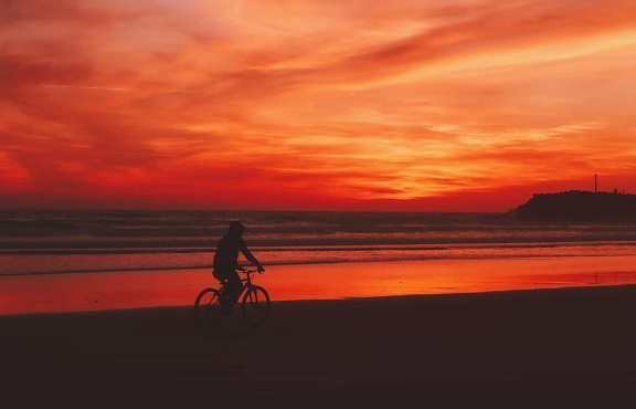 sunrise, person, silhouette, recreation, sky, red, landscape, dawn, dusk, beach, outdoor, sky
