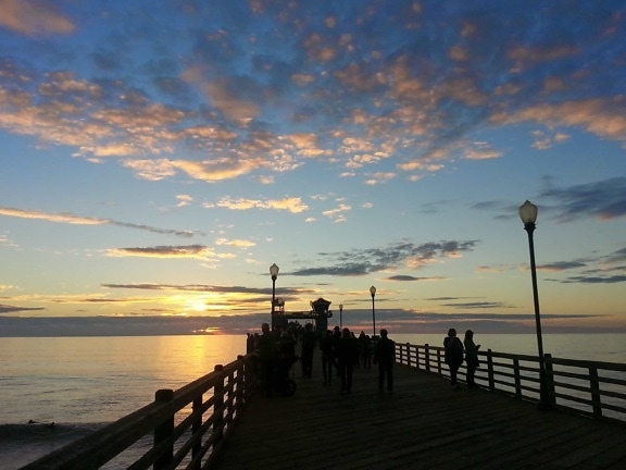 sunrise, pier, shadow, sunlight, water, beach, dawn, ocean, sea, sun, dusk, seashore