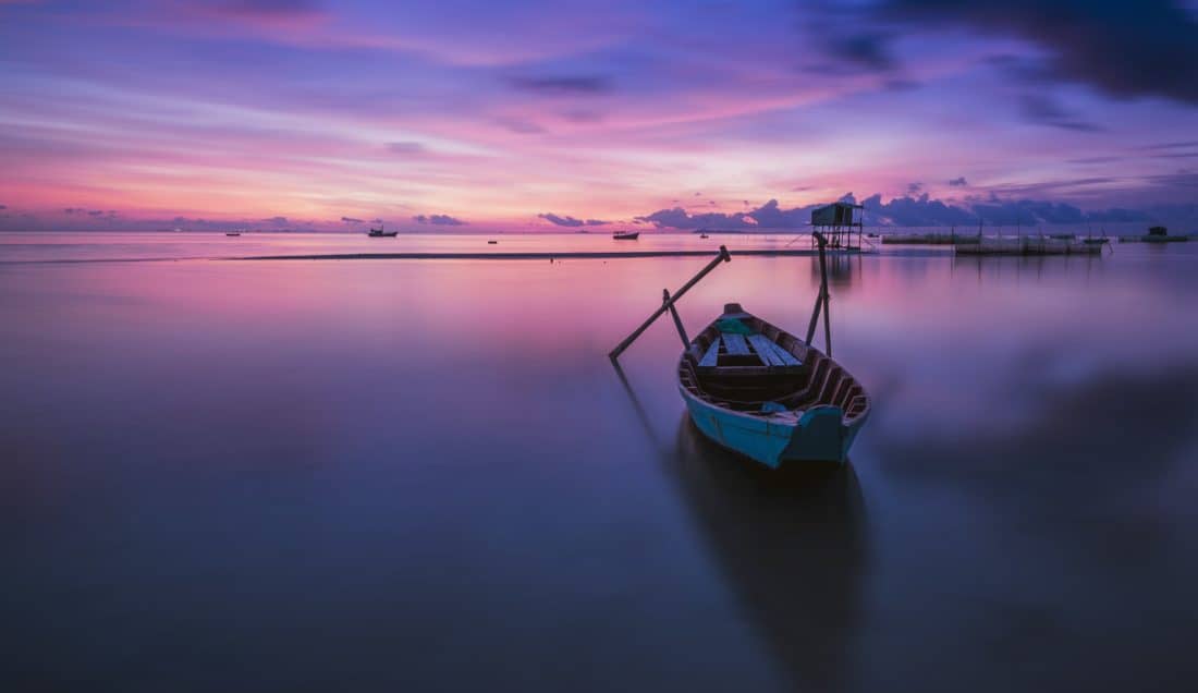 sunrise, mist, water, boat, colorful, dawn, dusk, sea, watercraft, reflection