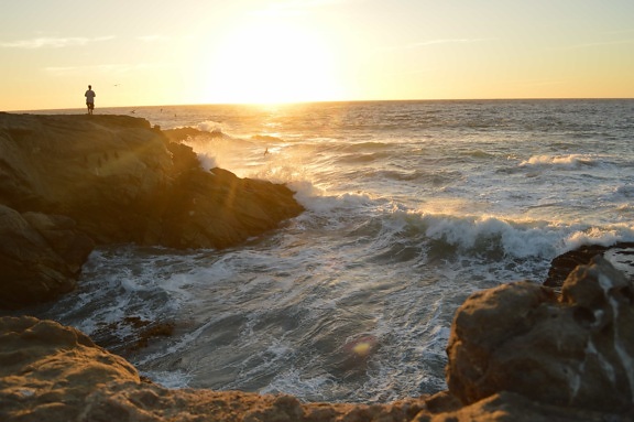вода, восход солнца, небо, подсветкой, океан, пляж, море, моря, пейзаж