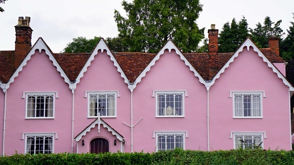 ház, rózsaszín, homlokzat, tető, ingatlan, építészet, otthon, tartózkodási